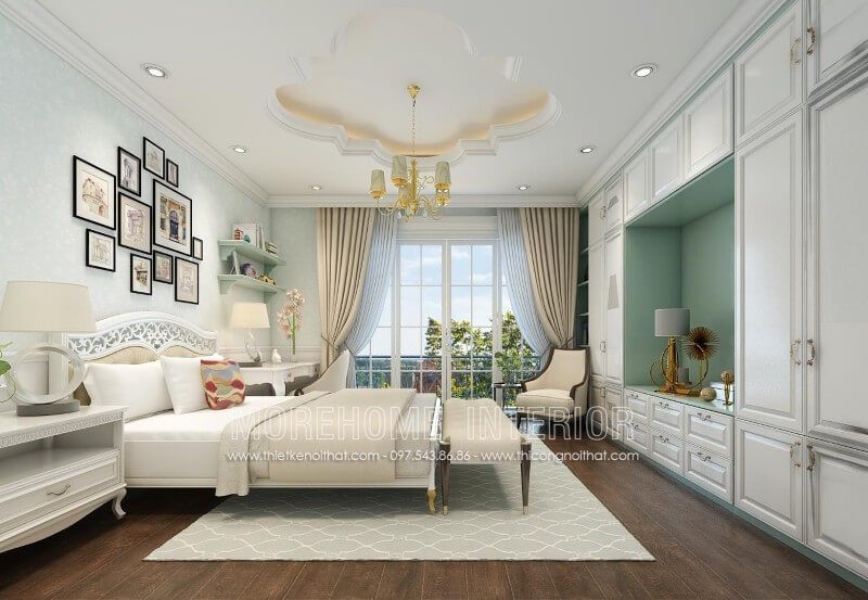 Mẫu giường ngủ gỗ tự nhiên phun sơn màu trắng. Gam màu ấn tượng tạo nên một không gian trẻ trung đầy năng động