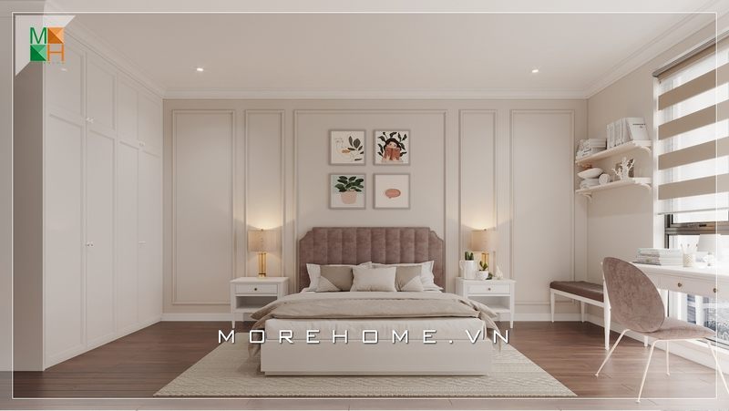 Giường ngủ tân cổ điển kiểu dáng gỗ bệt thoải mái, thuận tiện, đầu giường cách điệu được gia chủ lựa chọn cho căn phòng ngủ con gái