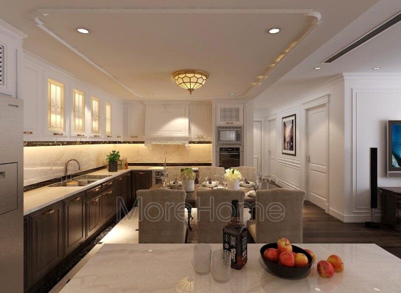Không gian dùng bữa ấm áp và sang trọng với mẫu bàn ăn gỗ tự nhiên