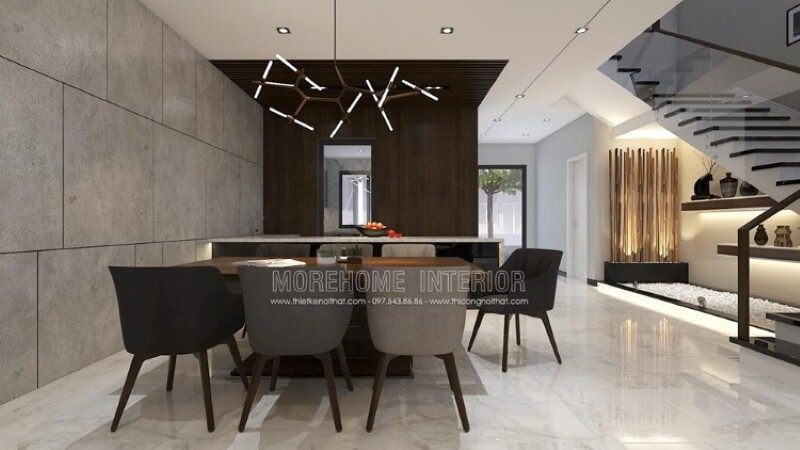 Trang trí phòng ăn ấn tượng với bố trí bộ bàn ghế hiện đại dành cho tối đa 7 thành viên: những chiếc ghế khác nhau chuyển tone, bàn găn gỗ nguyên khối với ánh sáng đèn độc đáo.