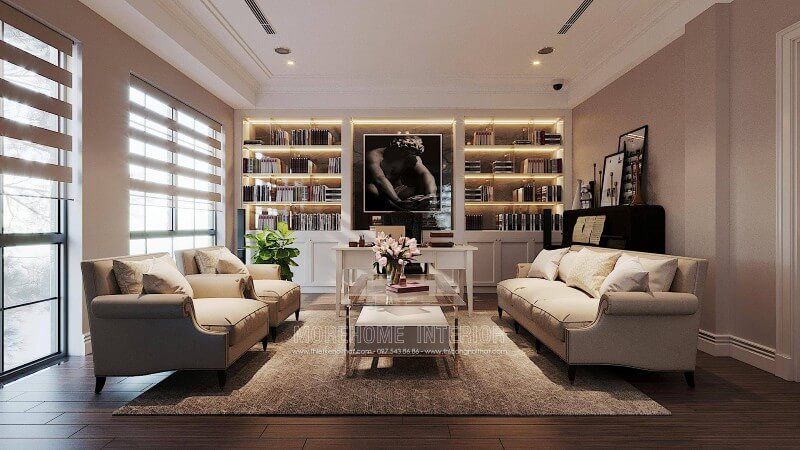 Mẫu sofa tân cổ điển bọc vải nhập khẩu cao cấp, có tính nhẹ nhàng và tinh tế, được sử dụng trong phòng làm việc tại biệt thự Ciputra Tây Hồ Hà Nội.