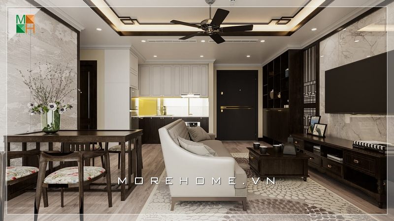 Trang trí phòng khách liền phòng ăn hiện là một trong những xu hướng thiết kế được nhiều gia chủ lựa chọn tạo nên sự tiện nghi cho không gian sinh hoạt chung cư gia đình.