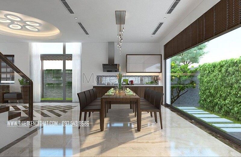 Thiết kế nội thất biệt thự đẹp với bộ bàn ăn gỗ tự nhiên mang đến không gian phòng ăn lí tưởng đẳng cấp